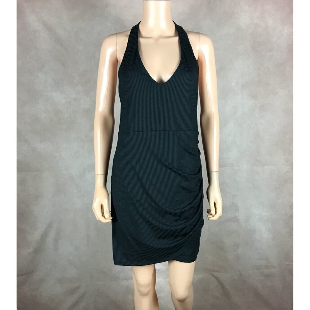 Material Girl Black Ribbed Ruched Halter Dress NWT LARGE